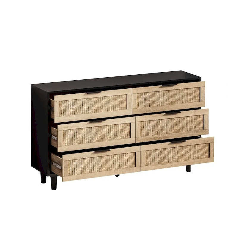 Commode 6 tiroirs en rotin Noir & Naturel, Simple