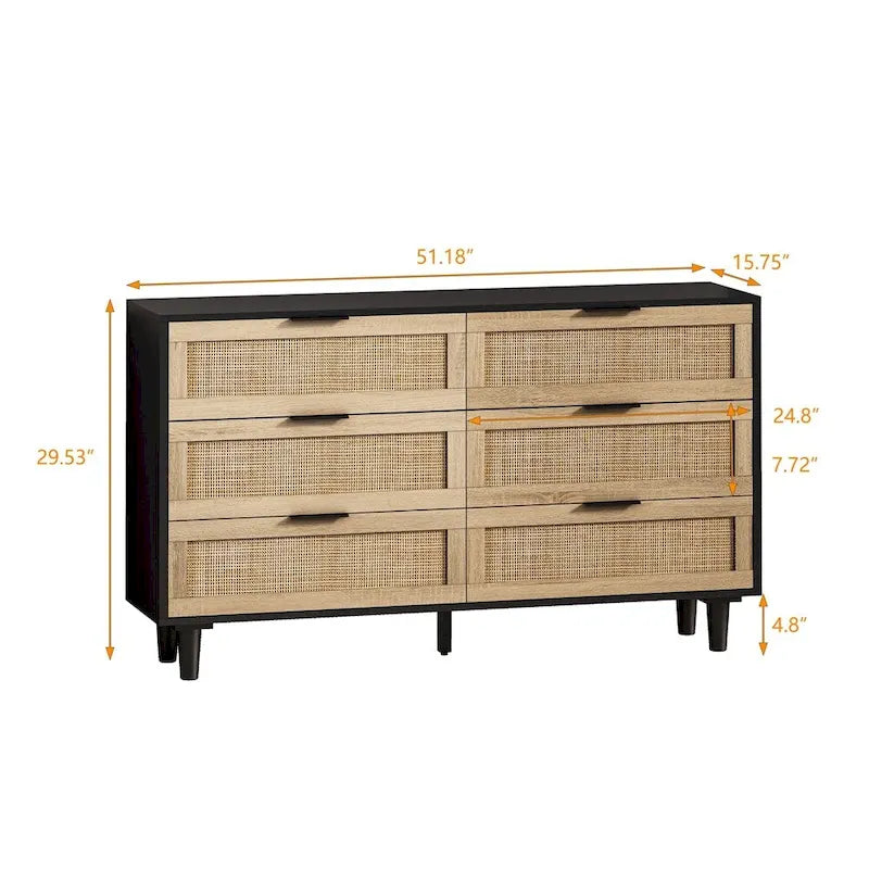 Commode 6 tiroirs en rotin Noir & Naturel, Simple