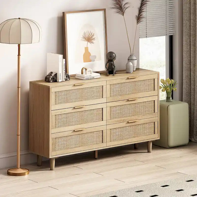 Commode 6 tiroirs en rotin Noir & Naturel, Simple