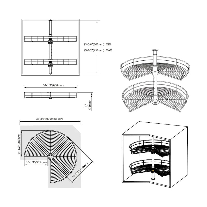 Plateau tournant double étagère à 270° en acier inoxydable gris, 81 cm de diamètre