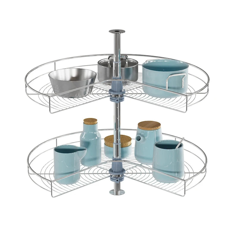 Plateau tournant double étagère à 270° en acier inoxydable gris, 81 cm de diamètre
