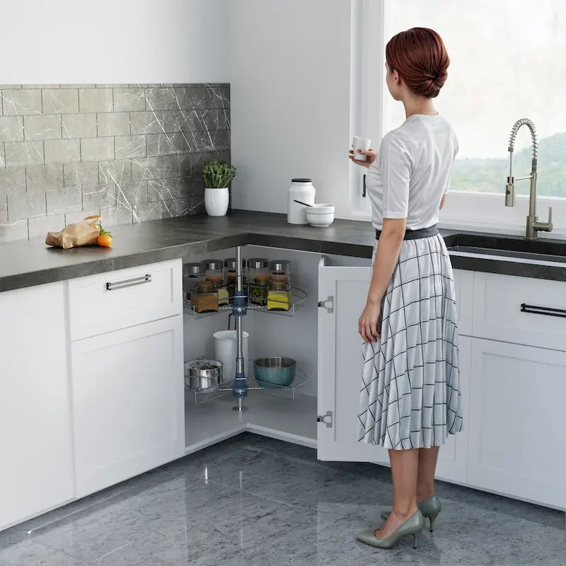 Plateau tournant double étagère à 270° en acier inoxydable gris, 81 cm de diamètre