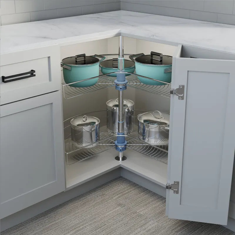 Plateau tournant double étagère à 270° en acier inoxydable gris, 81 cm de diamètre