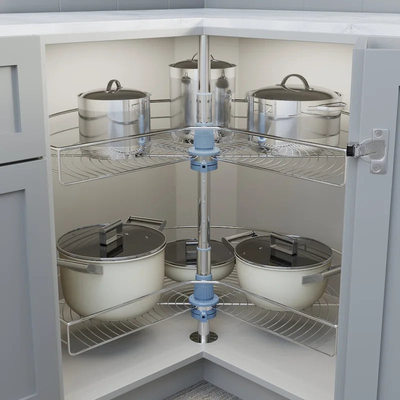 Plateau tournant double étagère à 270° en acier inoxydable gris, 81 cm de diamètre