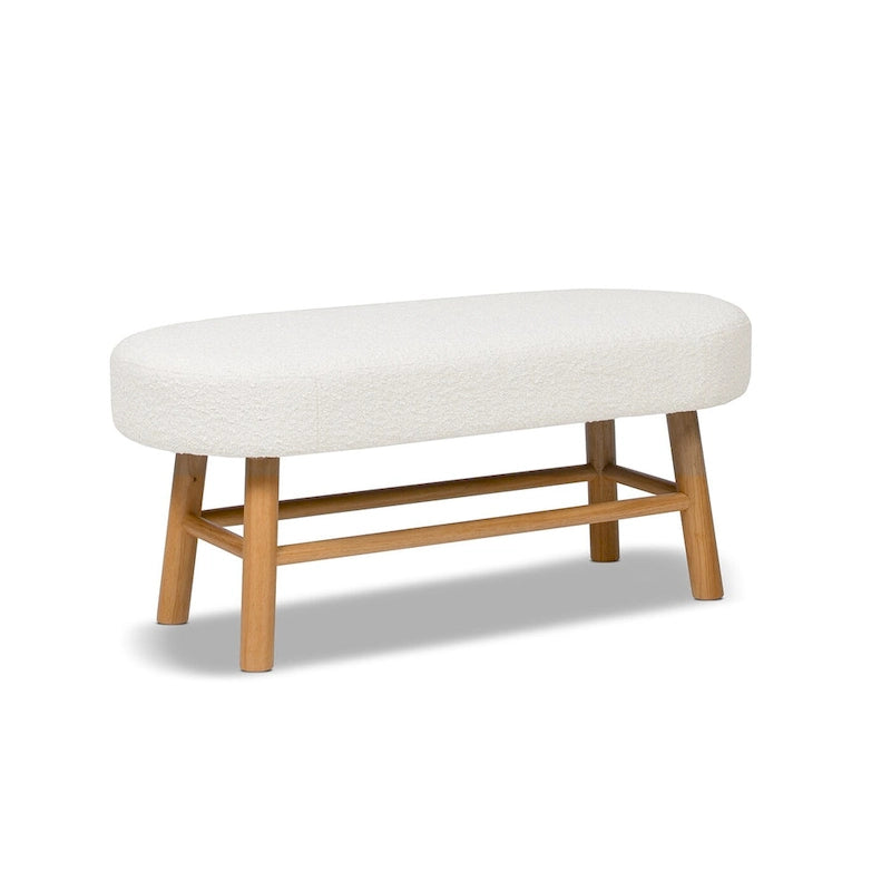 Banc d'appoint bouclé blanc ivoire, un siège, pieds en bois naturel