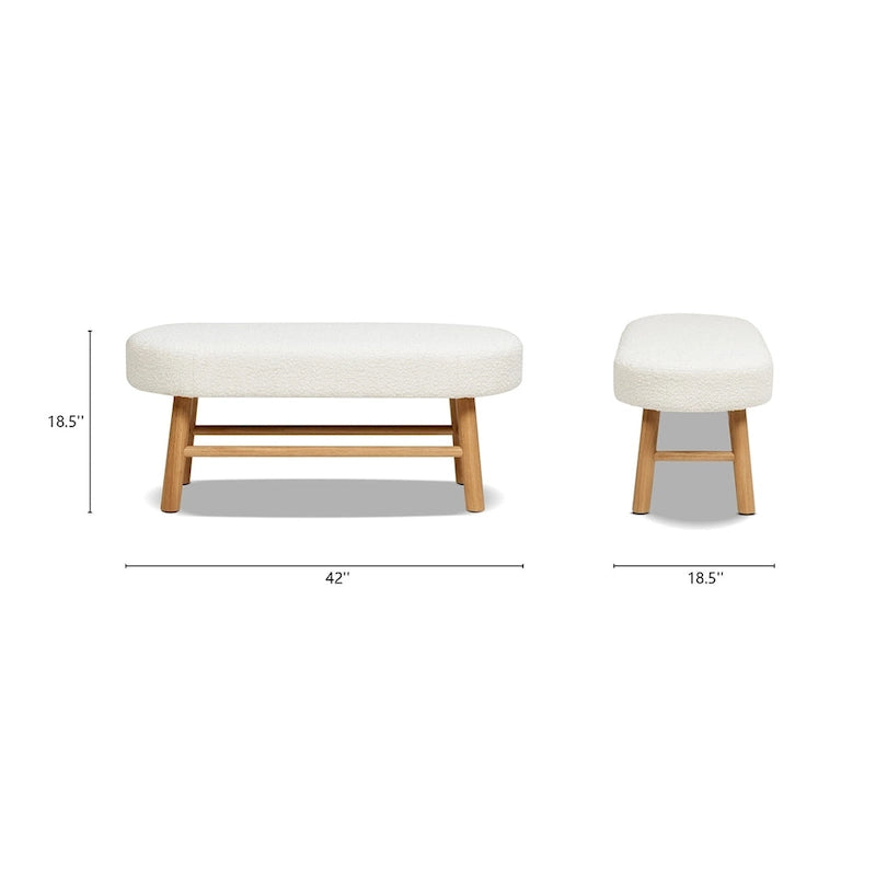 Banc d'appoint bouclé blanc ivoire, un siège, pieds en bois naturel