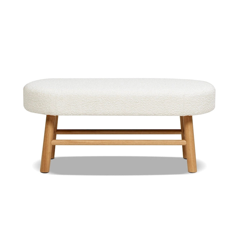 Banc d'appoint bouclé blanc ivoire, un siège, pieds en bois naturel