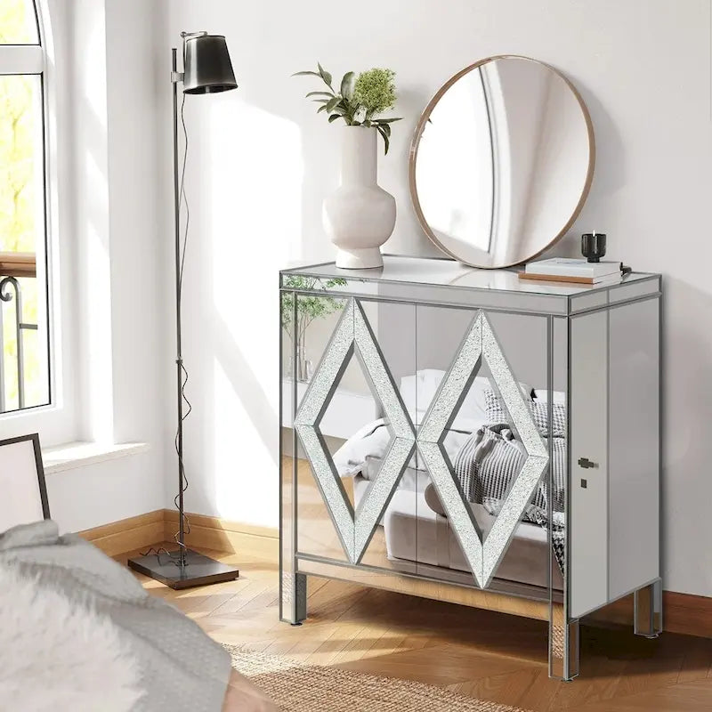 Armoire de rangement avec miroir argenté, style diamant/forme en M, 2 portes