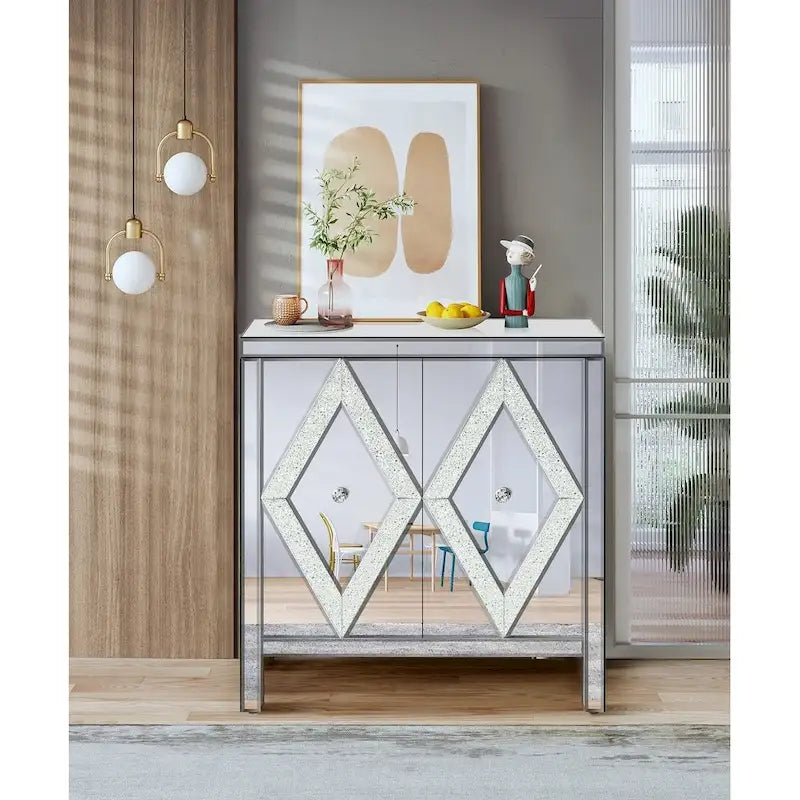 Armoire de rangement avec miroir argenté, style diamant/forme en M, 2 portes