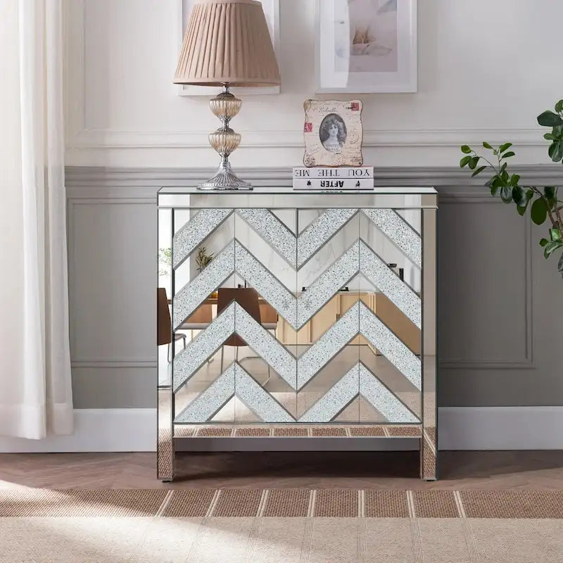 Armoire de rangement avec miroir argenté, style diamant/forme en M, 2 portes