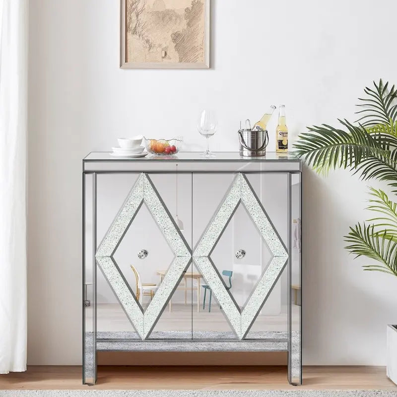 Armoire de rangement avec miroir argenté, style diamant/forme en M, 2 portes