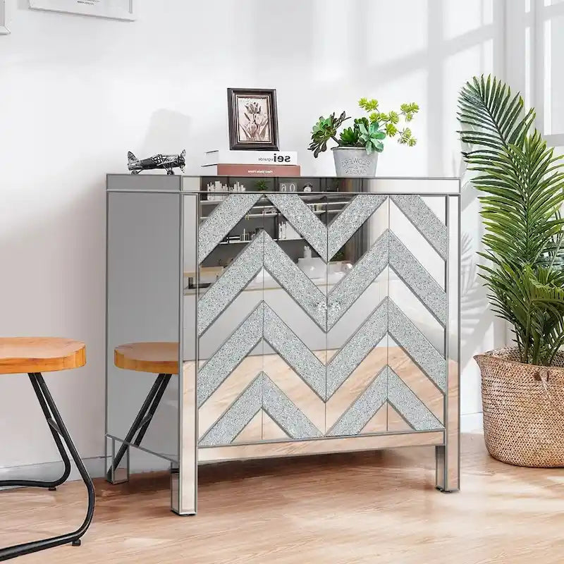 Armoire de rangement avec miroir argenté, style diamant/forme en M, 2 portes