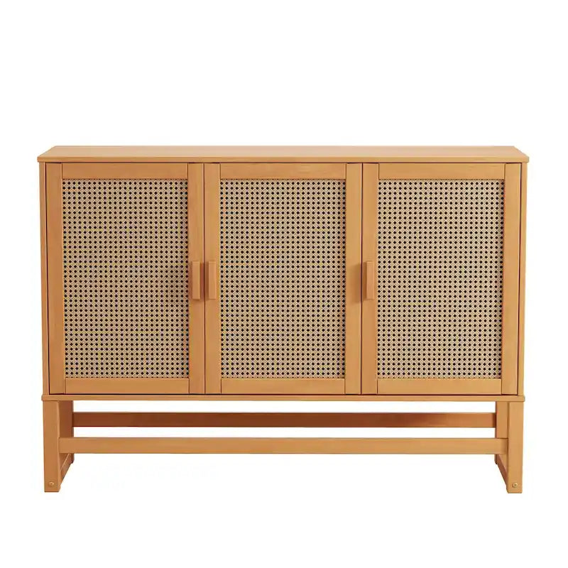 Bahut 3 portes Naturel / Espresso avec tissage en rotin, meuble de rangement à 2 placards