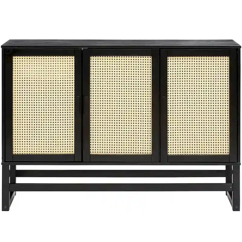 Bahut 3 portes Naturel / Espresso avec tissage en rotin, meuble de rangement à 2 placards