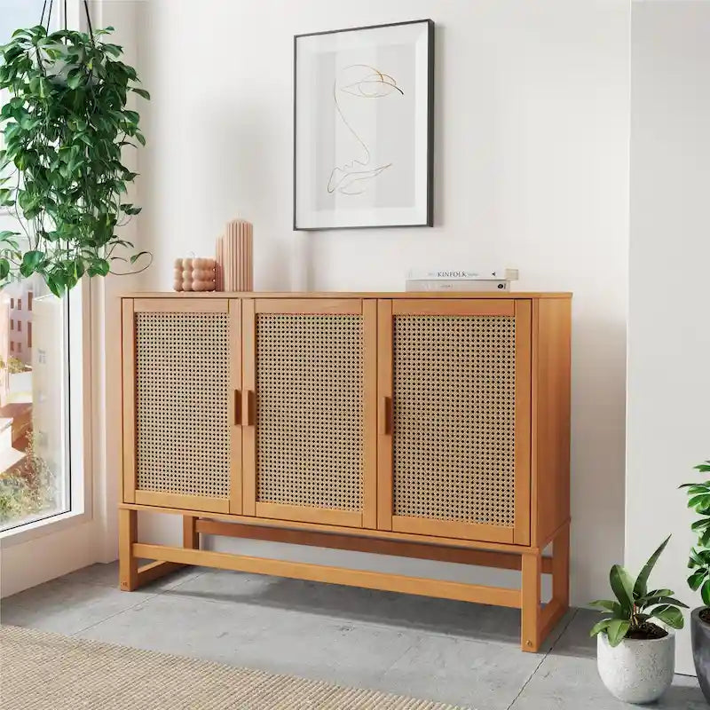 Bahut 3 portes Naturel / Espresso avec tissage en rotin, meuble de rangement à 2 placards