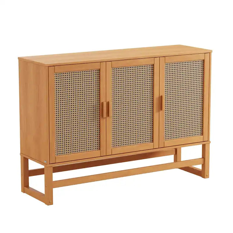 Bahut 3 portes Naturel / Espresso avec tissage en rotin, meuble de rangement à 2 placards