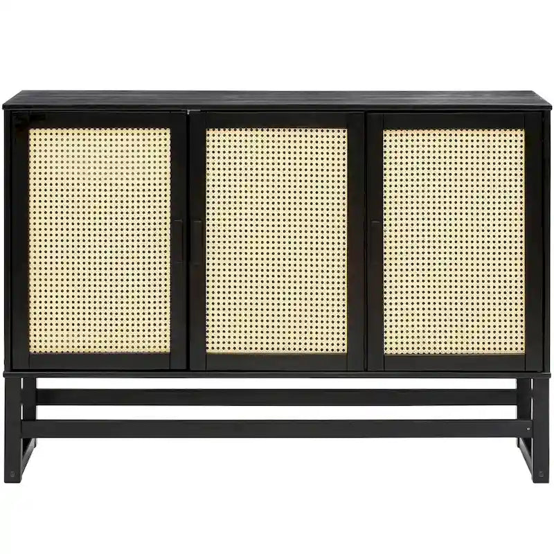 Bahut 3 portes Naturel / Espresso avec tissage en rotin, meuble de rangement à 2 placards