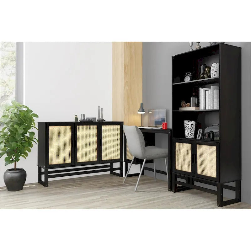 Bahut 3 portes Naturel / Espresso avec tissage en rotin, meuble de rangement à 2 placards