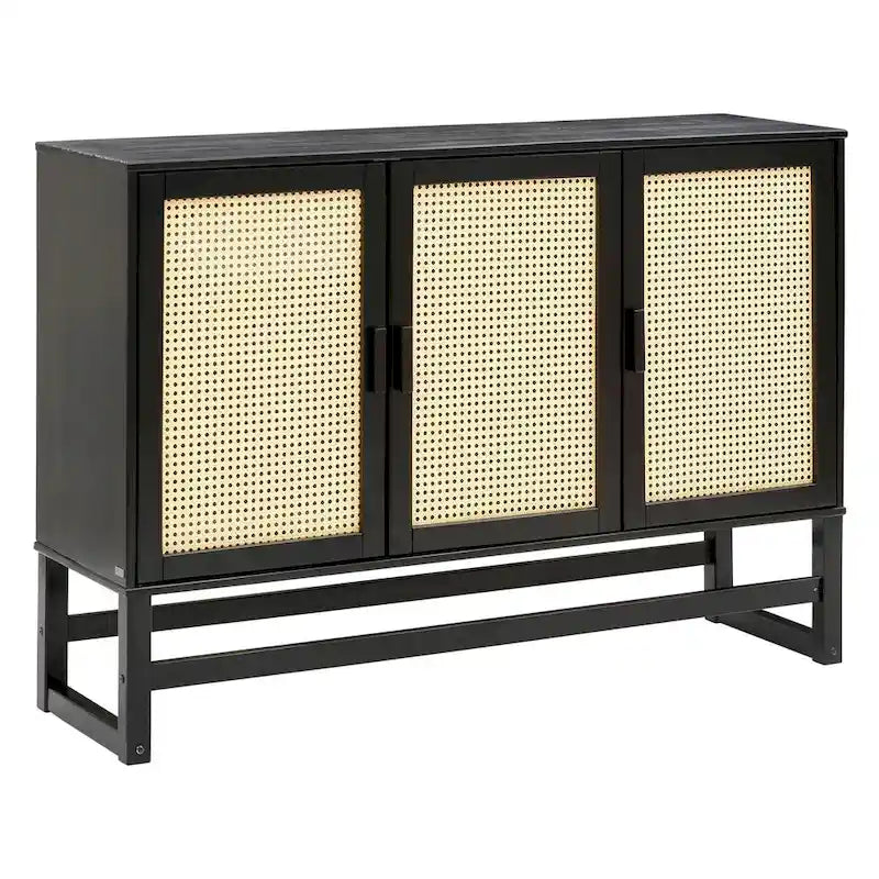 Bahut 3 portes Naturel / Espresso avec tissage en rotin, meuble de rangement à 2 placards