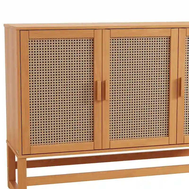 Bahut 3 portes Naturel / Espresso avec tissage en rotin, meuble de rangement à 2 placards