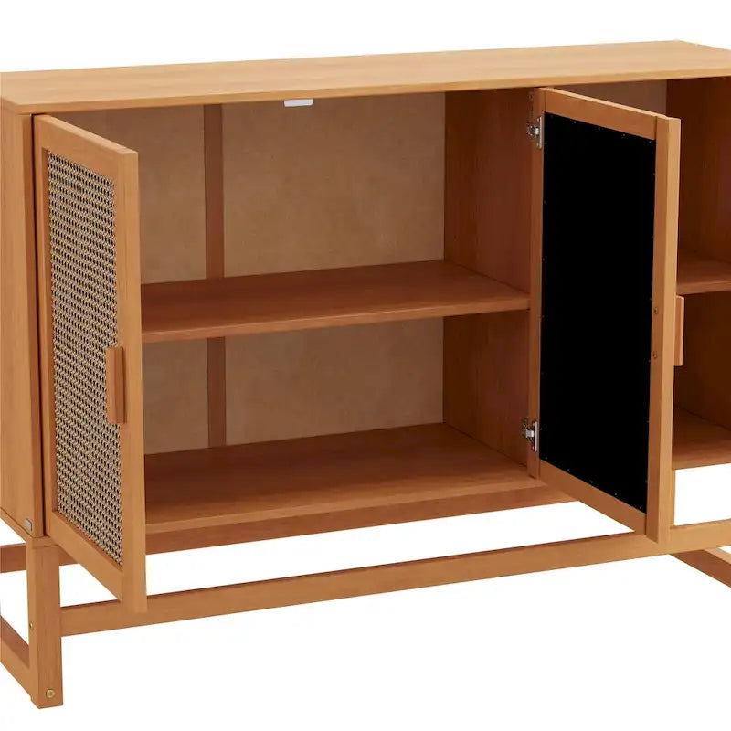 Bahut 3 portes Naturel / Espresso avec tissage en rotin, meuble de rangement à 2 placards