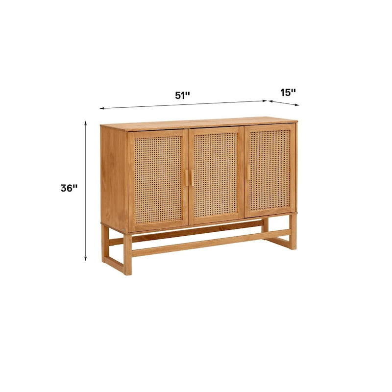 Bahut 3 portes Naturel / Espresso avec tissage en rotin, meuble de rangement à 2 placards