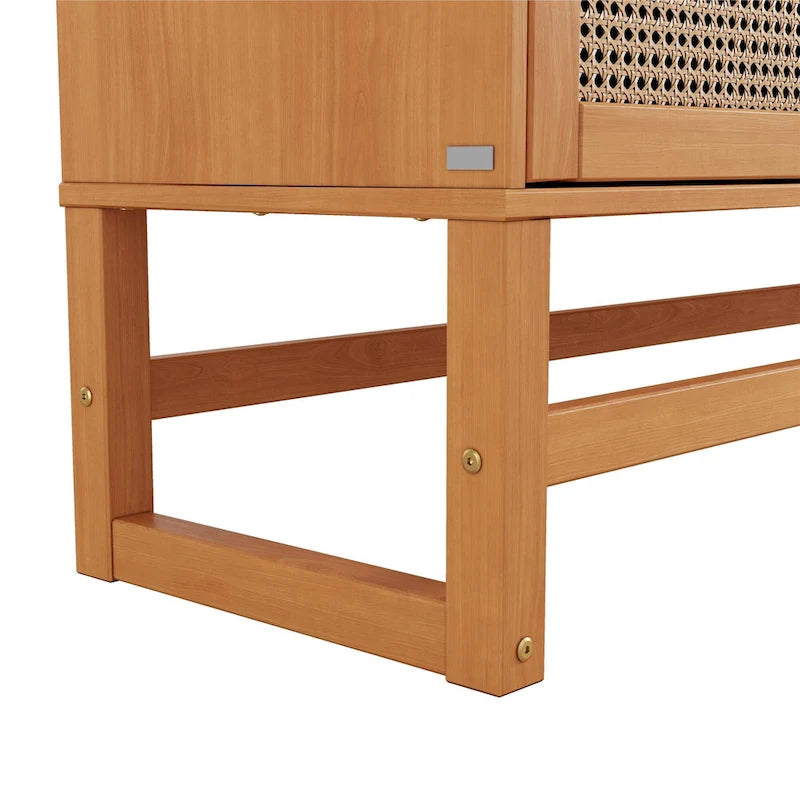 Bahut 3 portes Naturel / Espresso avec tissage en rotin, meuble de rangement à 2 placards