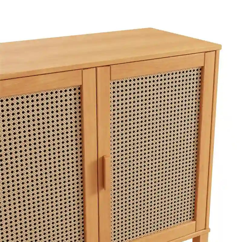 Bahut 3 portes Naturel / Espresso avec tissage en rotin, meuble de rangement à 2 placards