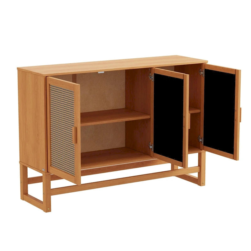 Bahut 3 portes Naturel / Espresso avec tissage en rotin, meuble de rangement à 2 placards