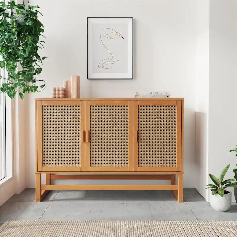 Bahut 3 portes Naturel / Espresso avec tissage en rotin, meuble de rangement à 2 placards