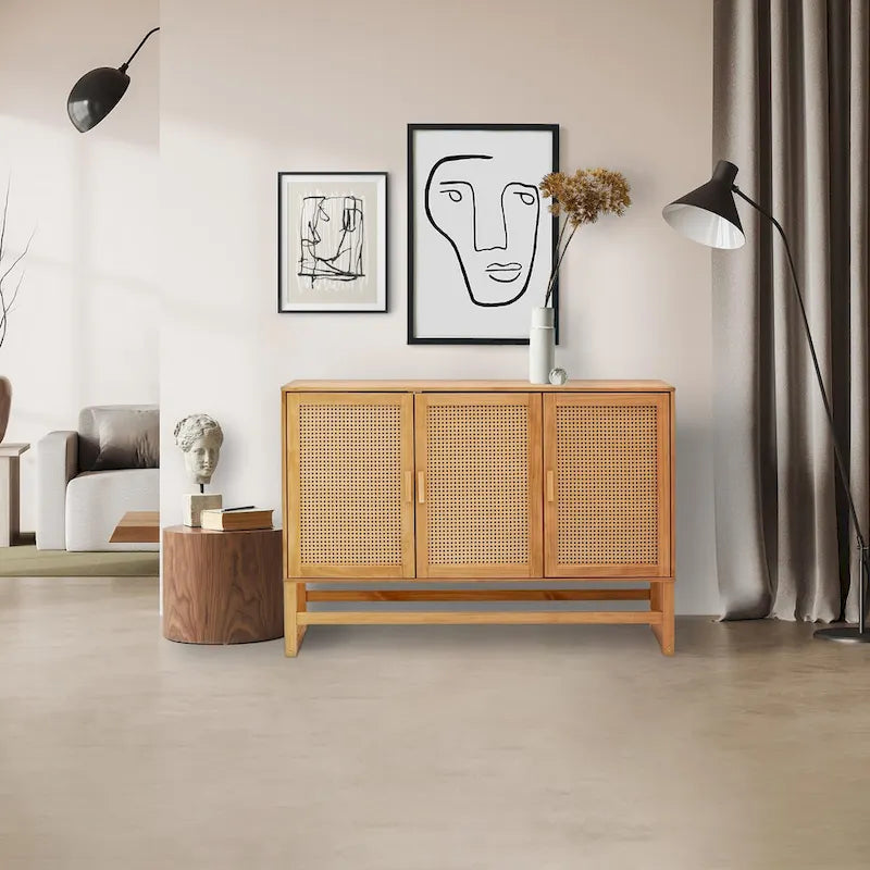 Bahut 3 portes Naturel / Espresso avec tissage en rotin, meuble de rangement à 2 placards