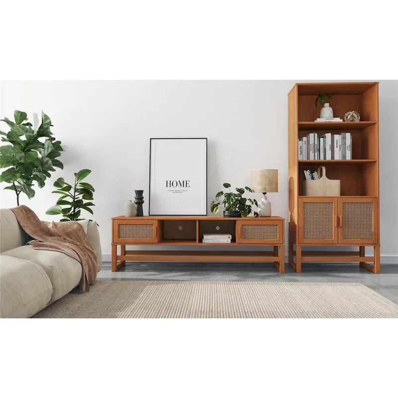 Bahut 3 portes Naturel / Espresso avec tissage en rotin, meuble de rangement à 2 placards