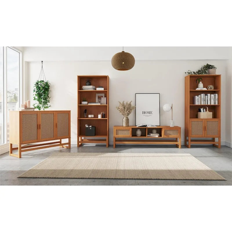 Bahut 3 portes Naturel / Espresso avec tissage en rotin, meuble de rangement à 2 placards