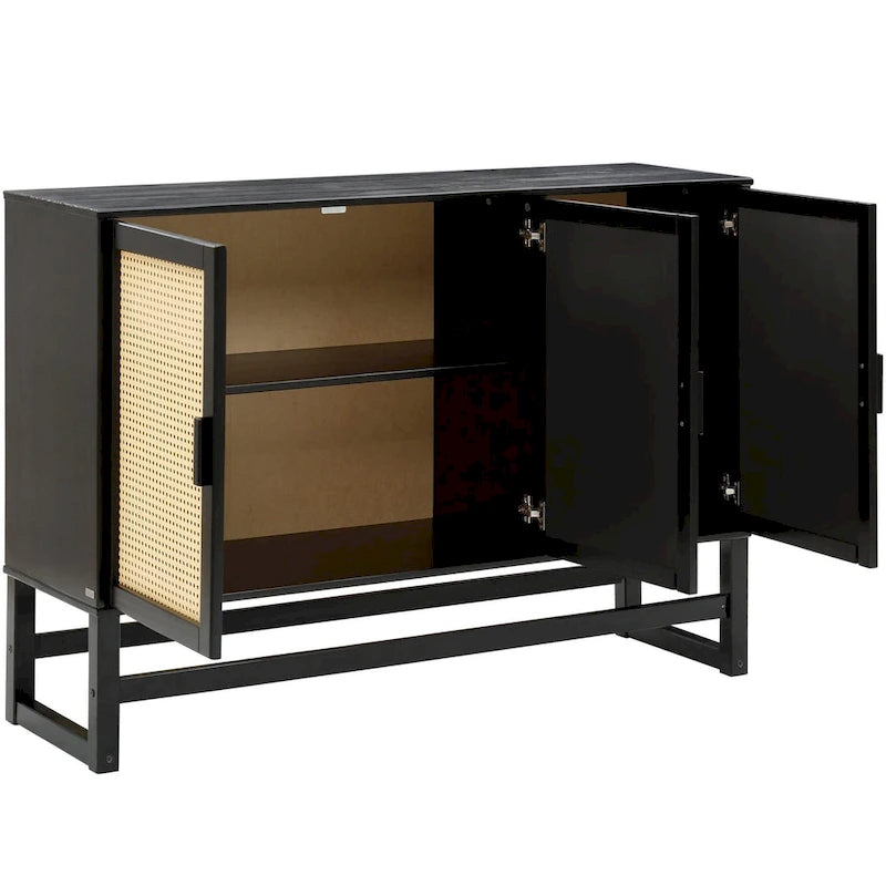 Bahut 3 portes Naturel / Espresso avec tissage en rotin, meuble de rangement à 2 placards