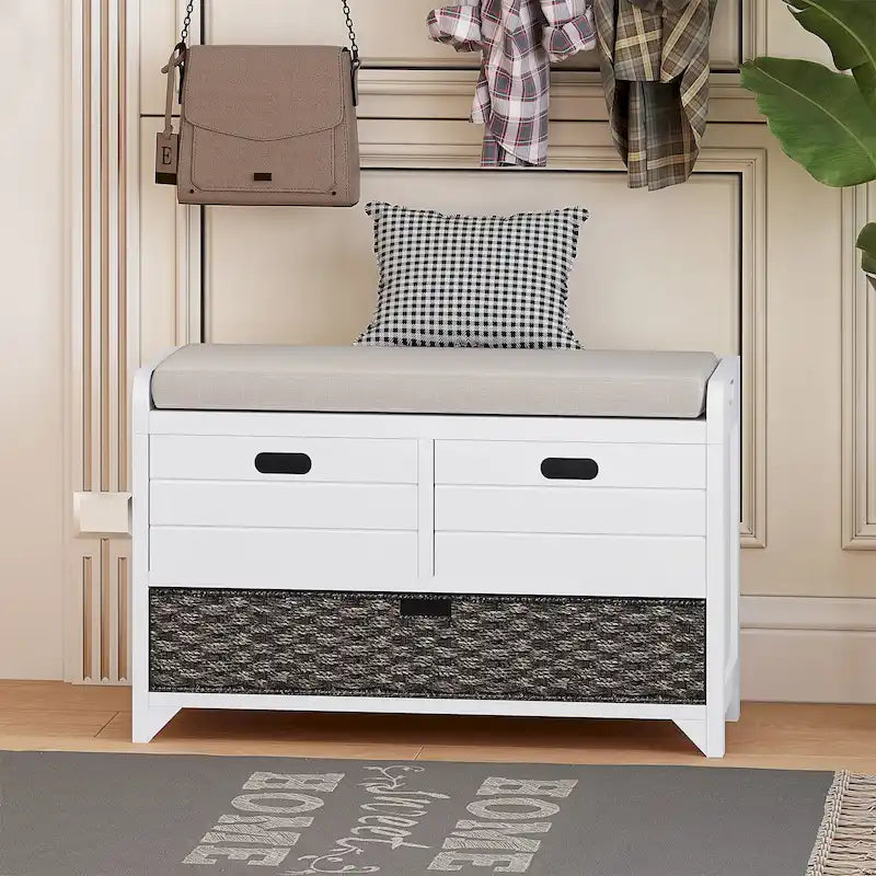 Banc de rangement marine/blanc avec 2 tiroirs et panier, 1 place