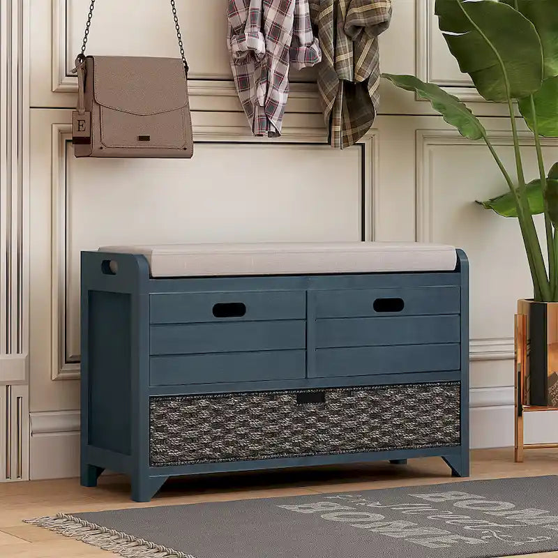 Banc de rangement marine/blanc avec 2 tiroirs et panier, 1 place