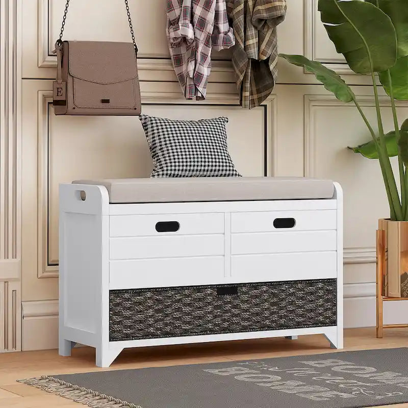 Banc de rangement marine/blanc avec 2 tiroirs et panier, 1 place