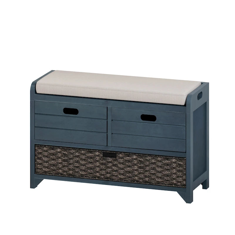Banc de rangement marine/blanc avec 2 tiroirs et panier, 1 place