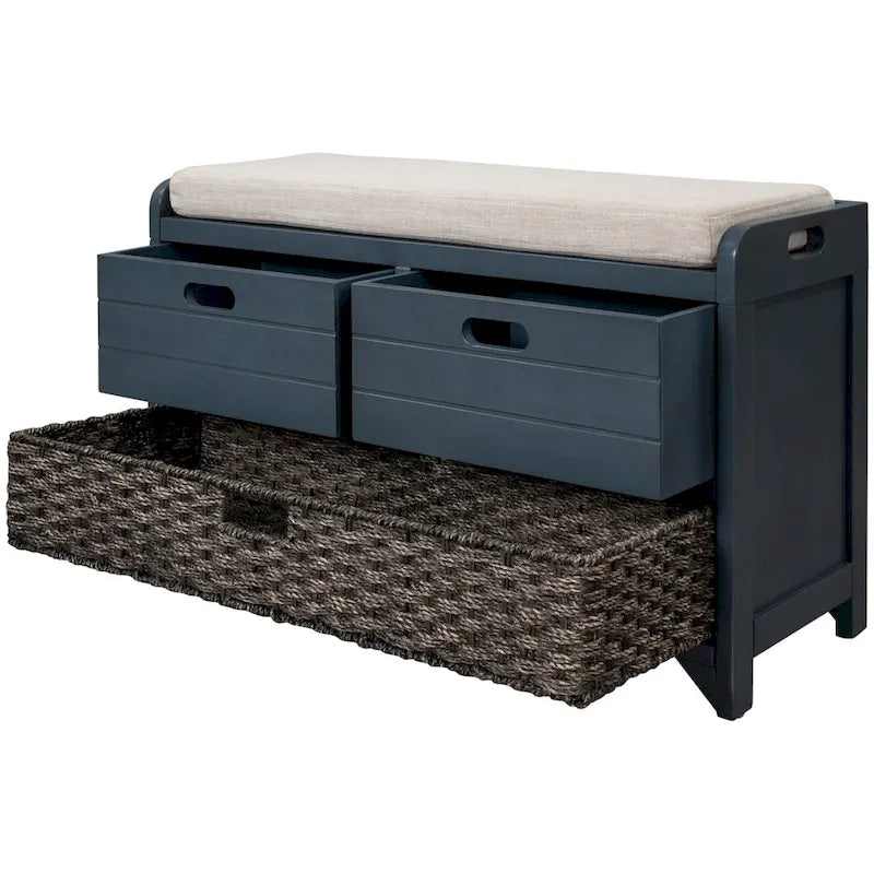 Banc de rangement marine/blanc avec 2 tiroirs et panier, 1 place