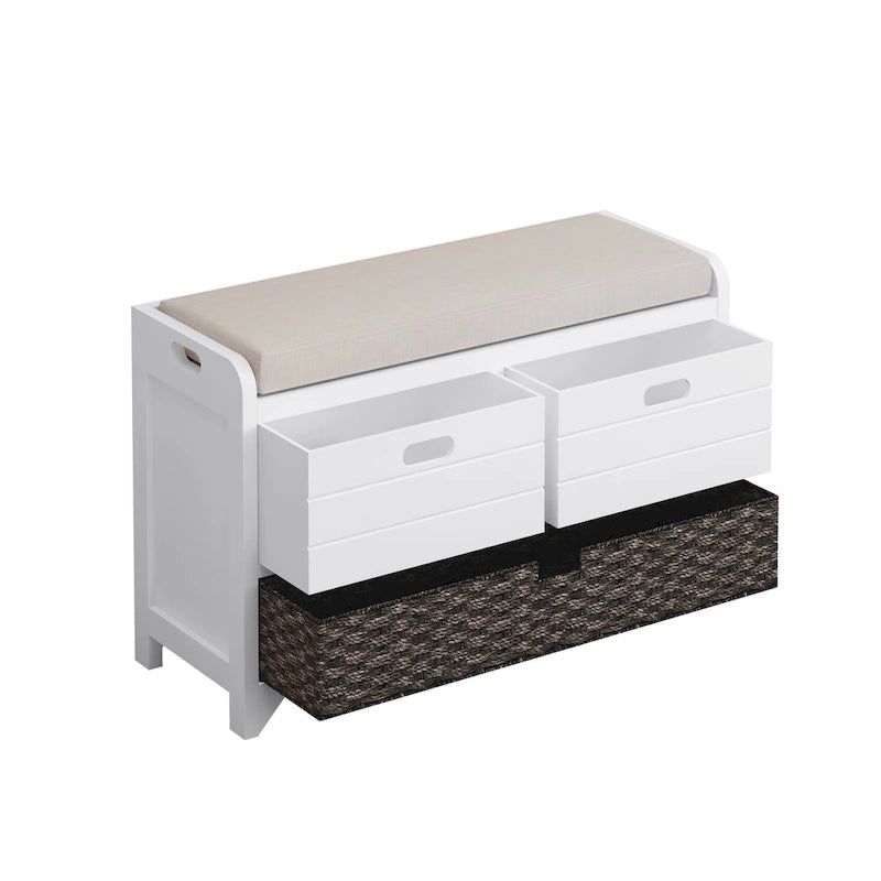 Banc de rangement marine/blanc avec 2 tiroirs et panier, 1 place