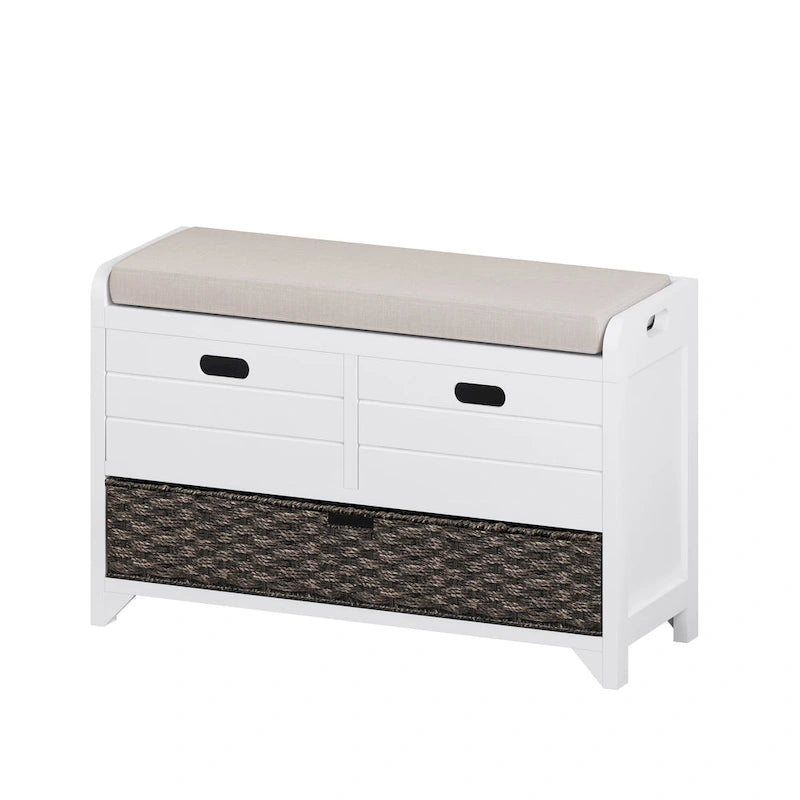 Banc de rangement marine/blanc avec 2 tiroirs et panier, 1 place