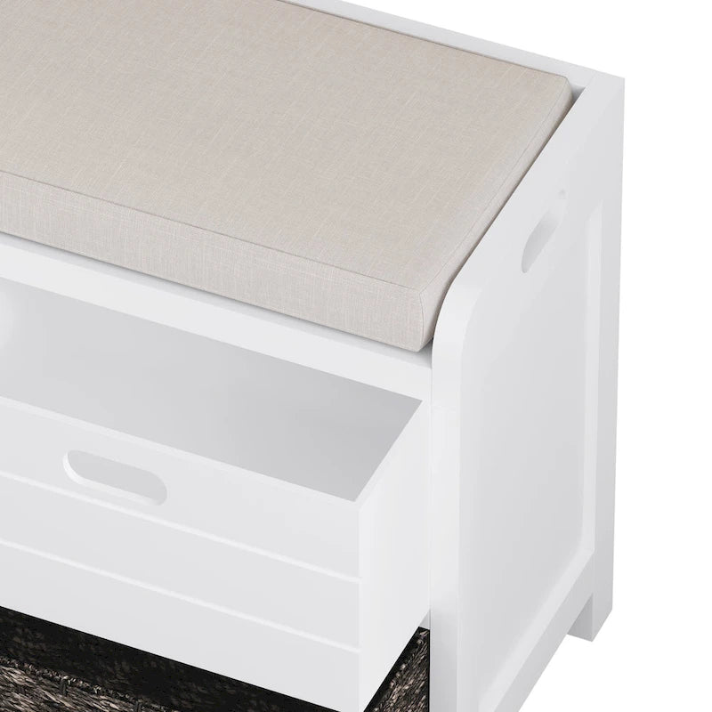Banc de rangement marine/blanc avec 2 tiroirs et panier, 1 place
