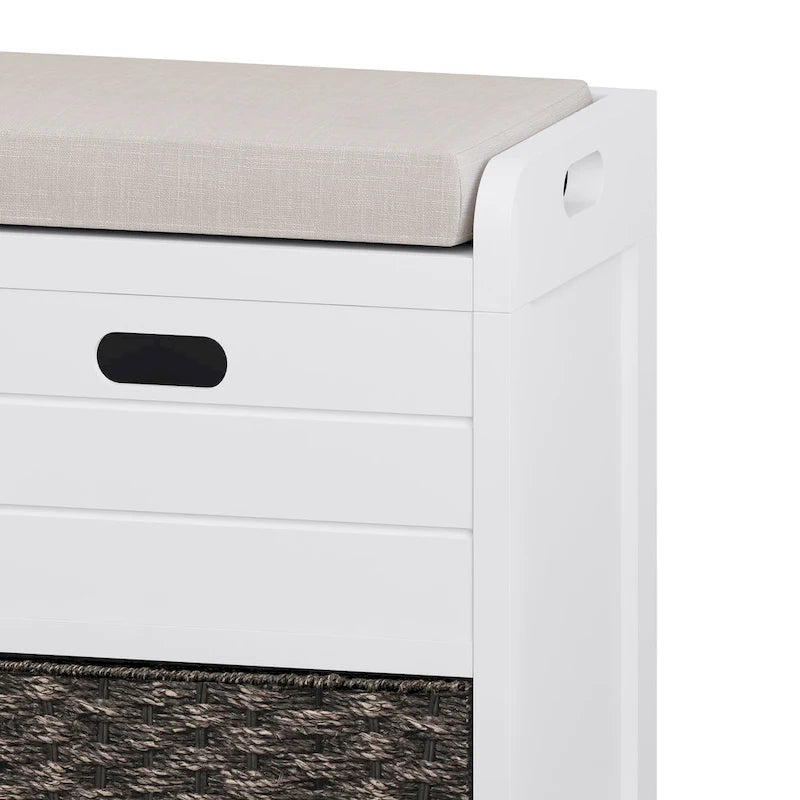 Banc de rangement marine/blanc avec 2 tiroirs et panier, 1 place
