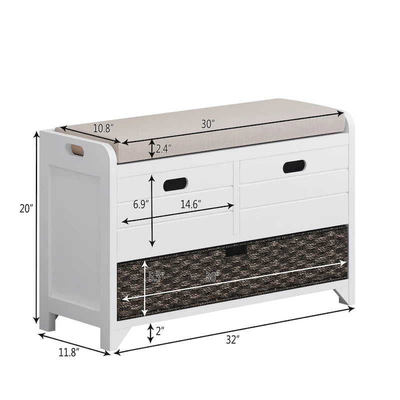 Banc de rangement marine/blanc avec 2 tiroirs et panier, 1 place