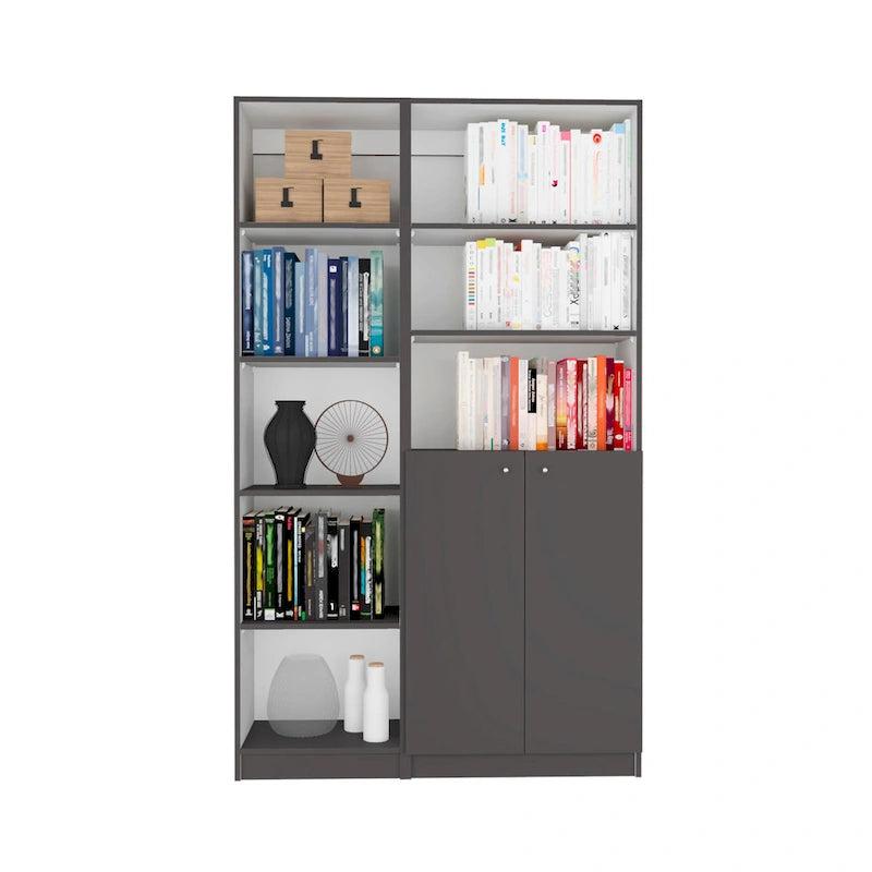 Ensemble de 2 bibliothèques (blanc / noir / beige / multicolore), étagère ouverte + armoire à 2 portes, prêt à assembler