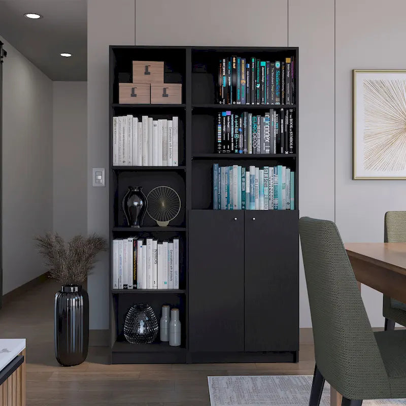 Ensemble de 2 bibliothèques (blanc / noir / beige / multicolore), étagère ouverte + armoire à 2 portes, prêt à assembler