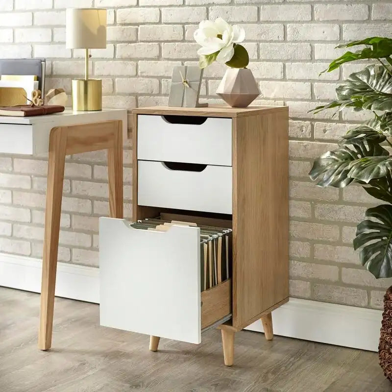 Meuble de classement moderne du milieu du siècle, naturel, 3 tiroirs, pour utilisateur unique