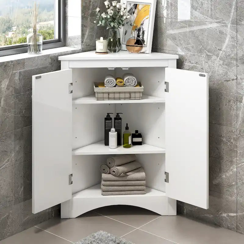 Meuble d'angle triangulaire avec portes et étagères réglables – Chêne / Blanc / Bleu / Cappuccino / Marron / Argent, 1 personne