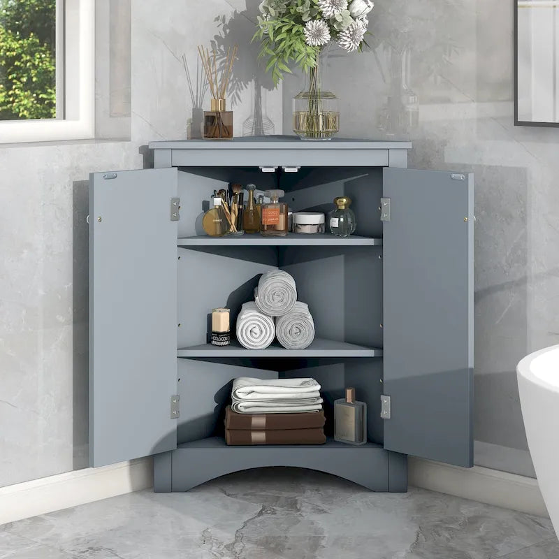 Meuble d'angle triangulaire avec portes et étagères réglables – Chêne / Blanc / Bleu / Cappuccino / Marron / Argent, 1 personne