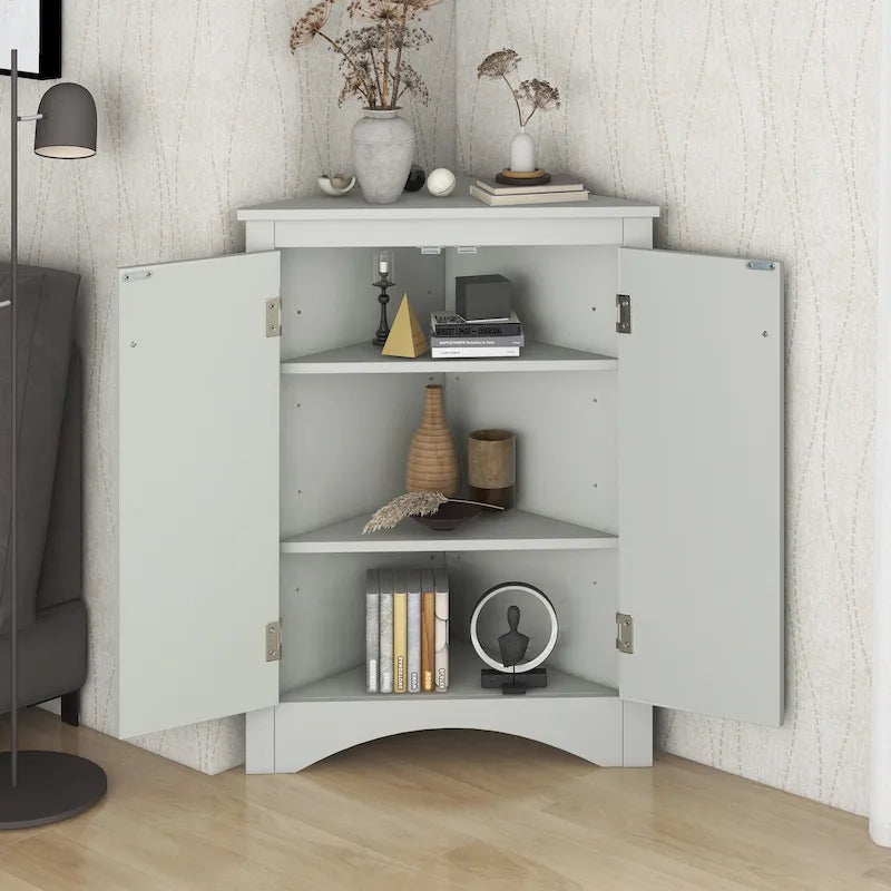 Meuble d'angle triangulaire avec portes et étagères réglables – Chêne / Blanc / Bleu / Cappuccino / Marron / Argent, 1 personne